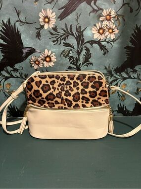 Leopard Accent Cream Crossbody Bag with Tassel Zipper